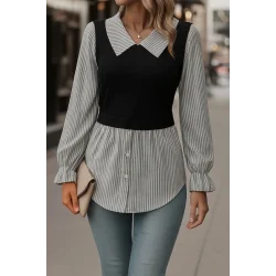 Kadın Uzun Kollu Yakalı önden Düğmeli Ottoman Bluz