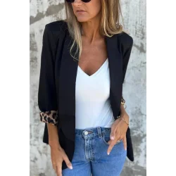 Kadın Uzun Kollu Yakalı önü Açık Leopar Desen Detaylı Astarlı Atlas Ceket