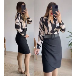 Kadın Uzun Kollu Yakalı üst Dalgıç Eteği Krep Kemerli Elbise