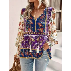 Kadın Uzun Kollu Yakası Açık Bağcıklı çiçek Desenli Salaş Bluz