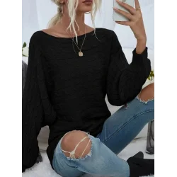 Kadın Uzun Kollu Yakası Açık Saç örgü Desenli Triko Bluz