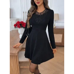 Kadın Uzun Kollu Yakası Dantelli Mini Ithal Krep Elbise