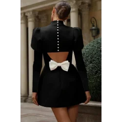 Kadın Uzun Kollu Yarı Balıkçı Yaka Arkadan Kurdela Detaylı Mini Atlas Elbise