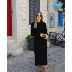 Kadın Uzun Kollu Yarı Balıkçı Yaka Arkadan Pencere Detaylı Bağcıklı Midi Triko Elbise