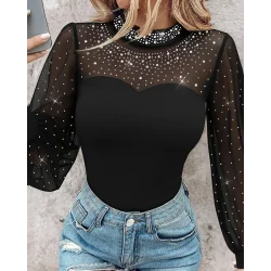 Kadın Uzun Kollu Yarı Balıkçı Yaka Taşlı Sandy Bluz