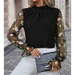 Kadın Uzun Kollu Yarı Balıkçı Yaka Tül Detaylı Ithal Krep Bluz