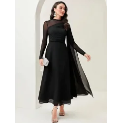 Kadın Uzun Kollu Yarı Balıkçı Yaka Tül Detaylı Uzun Sandy Elbise