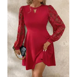 Kadın Uzun Kollu Yuvarlak Damla Detaylı Kolları Tül Detaylı Kısa Ithal Krep Elbise