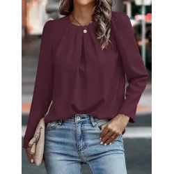 Kadın Uzun Kollu Yuvarlak önden Pileli Ithal Krep Bluz