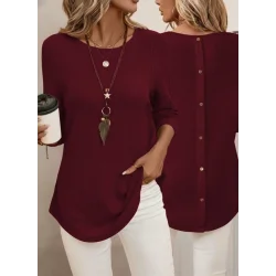Kadın Uzun Kollu Yuvarlak Yaka Arkadan Düğmeli Waffle Bluz