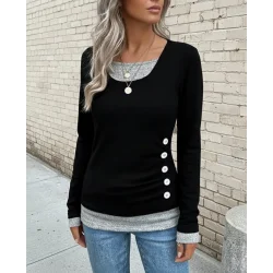 Kadın Uzun Kollu Yuvarlak Yaka Blok Renkli Yandan Düğmeli Viskon Bluz