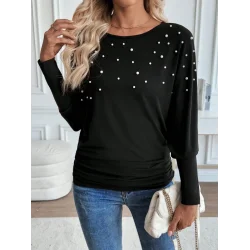 Kadın Uzun Kollu Yuvarlak Yaka Incili Viskon Bluz