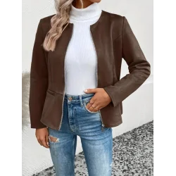 Kadın Uzun Kollu Yuvarlak Yaka önden Fermuarlı Süet Ceket