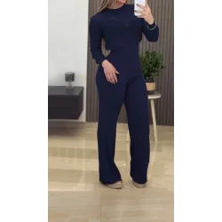 Kadın Uzun Kollu Yuvarlak Yaka Transparan Detaylı Triko Bluz Ve Pantolon Ikili Takım