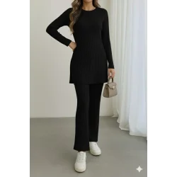 Kadın Uzun Kollu Yuvarlak Yaka Yandan Yırtmaç Detaylı şardonlu Kaşkorse Bluz Ve Pantolon Ikili Takım