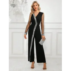 Kadın Uzun V Yakalı önden Pulpayet Detaylı Tüllü Uzun Ithal Krep Tulum