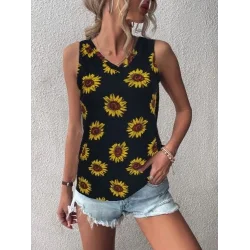 Kadın V Yaka Kolsuz Ayçiçeği Desen Krep Bluz