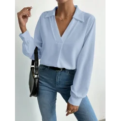 Kadın V Yaka Uzun Kollu Mosskrep Kumaş Bluz