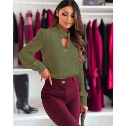 Kadın Viskon Kumaş V Yaka Dekolte Ve Metal Düğme Detaylı Gömlek