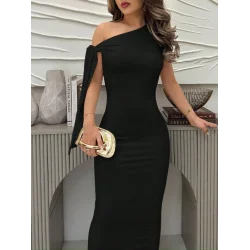 Kadın Yakası Açık Omuzdan Bağcıklı Uzun Janjan Krep Elbise