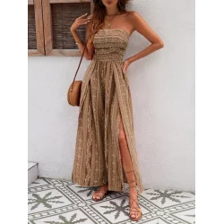 Kadın Yakası Gipe Detaylı önden Yırtmaç Detaylı Desenli Süprem Pantolun Etek Tulum