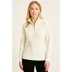 KADIN Yarım Fermuarlı Triko Kazak – Selanik Örgü, Dik Yaka, Pamuklu Dokuma, Oversize Uzun Kollu Kışlık Model - Beyaz