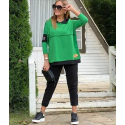 Kadın Yeşil Kapşonlu Etek Ucu Detay Arma Ters Dikiş Gorunumlu Ikili Takım