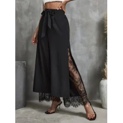 Kadın Yüksek Bel Belden Kuşaklı üst Dalgıç Alt Dantel Detaylı Dalgıç Pantolon