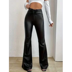 Kadın Yüksek Bel Beli Büzgülü Paçaya Doğru Geniş Deri Pantolon