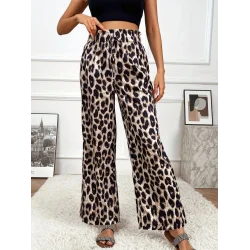 Kadın Yüksek Bel Beli Lastikli Bağcıklı Leopar Desenli Süprem Pantolon