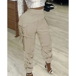 Kadın Yüksek Bel Beli Lastikli Kargo Cep Detaylı Gabardin Pantolon