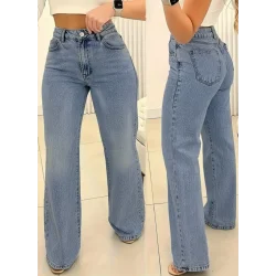 Kadın Yüksek Bel Cepli Paçaya Doğru Geniş Kot Pantolon