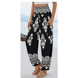Kadın Yüksek Bel Desenli Lastikli Süprem Pantolon