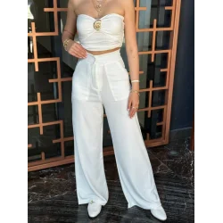 Kadın Yüksek Bel Geniş Paça Detaylı Cepli Ithal Krep Pantolon