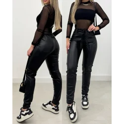 Kadın Yüksek Bel Kuşaklı Deri Pantolon