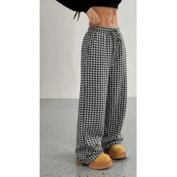 Kadın Yüksek Bel Lastikli Bağcıklı Geniş Kesim Kazayağı Dalgıç Pantolon