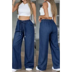 Kadın Yüksek Bel Lastikli Bağcıklı Kot Pantolon