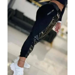 Kadın Yüksek Bel Lastikli Cepli Deri Detaylı Dalgıç Pantolon