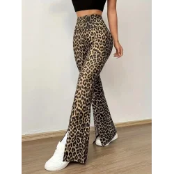 Kadın Yüksek Bel Leopar Desenli Yırtmaçlı Dalgıç Tayt