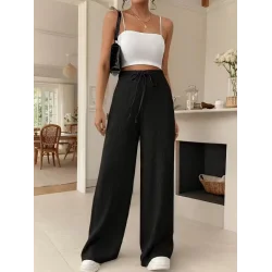 Kadın Yüksek Bel önden Bağlamalı Geniş Kesim Keten Pantolon