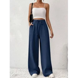 Kadın Yüksek Bel önden Bağlamalı Geniş Kesim Keten Pantolon