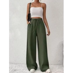 Kadın Yüksek Bel önden Bağlamalı Geniş Kesim Keten Pantolon