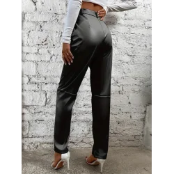 Kadın Yüksek Bel önden Düğmeli Deri Pantolon