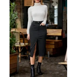 Kadın Yüksek Bel önden Yırtmaçlı Cepli Midi Kot Etek