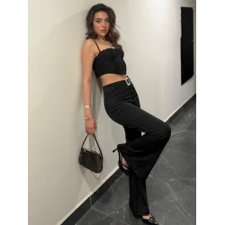 Kadın Yüksek Bel Tokalı Ispanyol Paçalı Dalgıç Pantolon