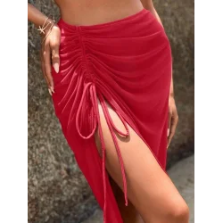 Kadın Yüksek Bel Yandan Büzgülü Uzun Tül Detaylı Pareo