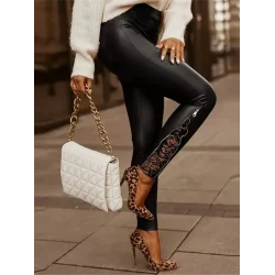 Kadın Yüksek Bel Yandan Yırtmaçlı Dantel Detaylı Deri Tayt