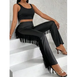 Kadın Yüksek Bel Yanlardan Püsküllü Deri Pantolon