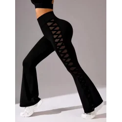 Kadın Yüksek Bel Yanları çapraz Tül Detaylı Dalgıç Tayt