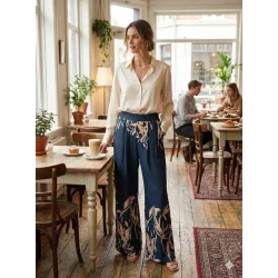 Kadın Yüksek Bel Yaprak Desenli Salaş Pantolon